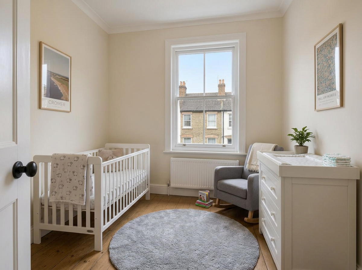 Second bedroom at 14 Ashcroft Road, virtually furnished as a nursery